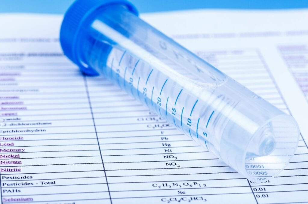 water in a test tube for checking the content of chemicals