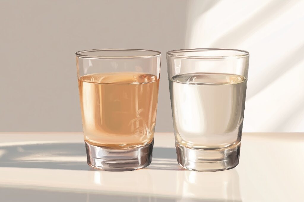 Vergleich von durchsichtigen Gläsern mit trübem und klarem Wasser auf einem Labortisch, die Reinheit und Verunreinigung symbolisieren, in fotorealistischem Detail für wissenschaftliche und pädagogische Konzepte