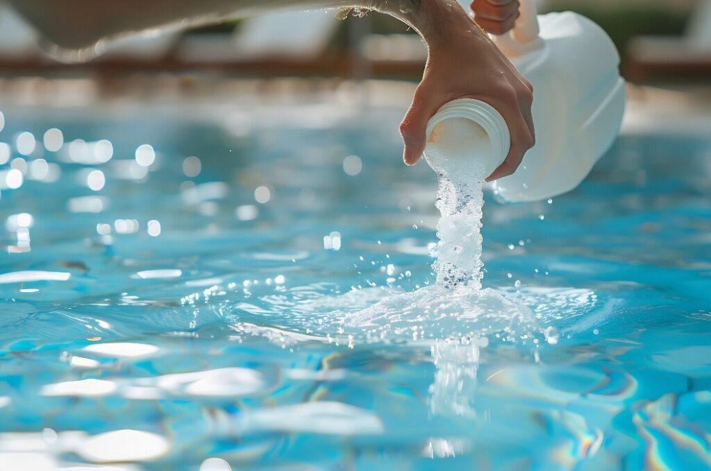 Servicemitarbeiter schüttet Salz in das Schwimmbeckenwasser – Reinigung und Desinfektion von Pools in Häusern und Hotels.