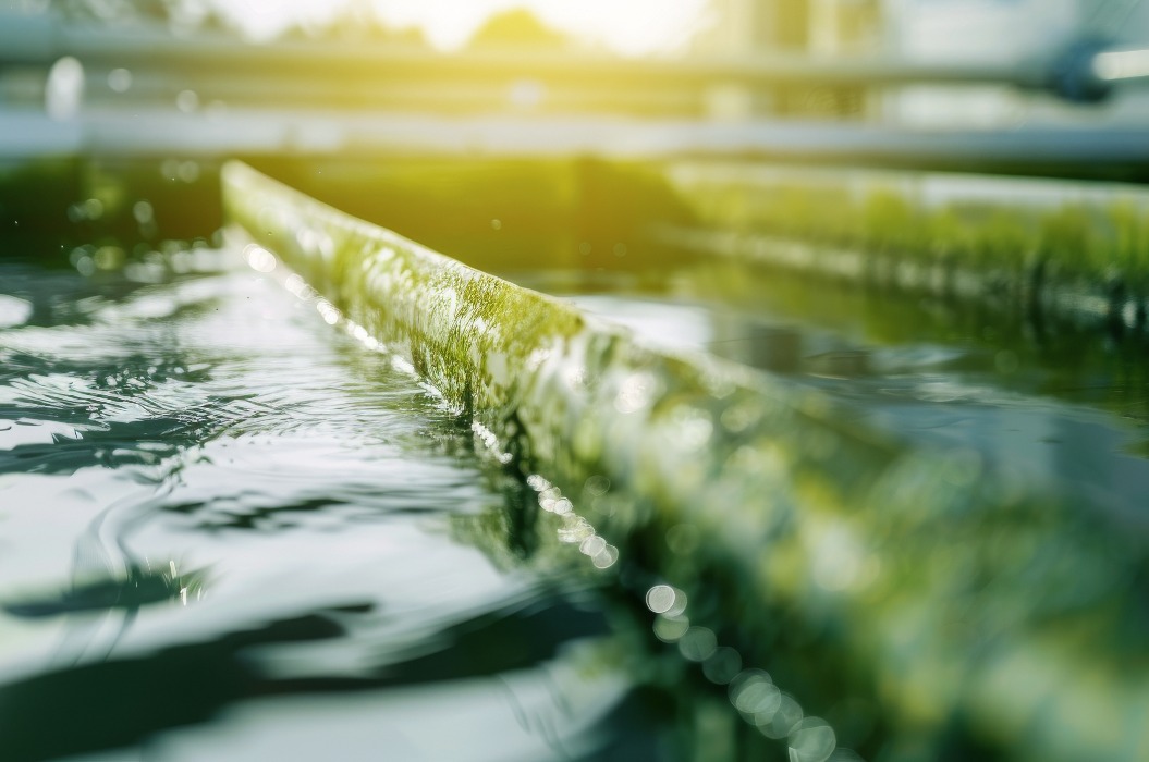 Sonnenbeschienene, mit Algen bewachsene Rohre führen Wasser durch eine industrielle Umgebung. Der grüne Farbton steht in starkem Kontrast zu der mechanischen Umgebung.