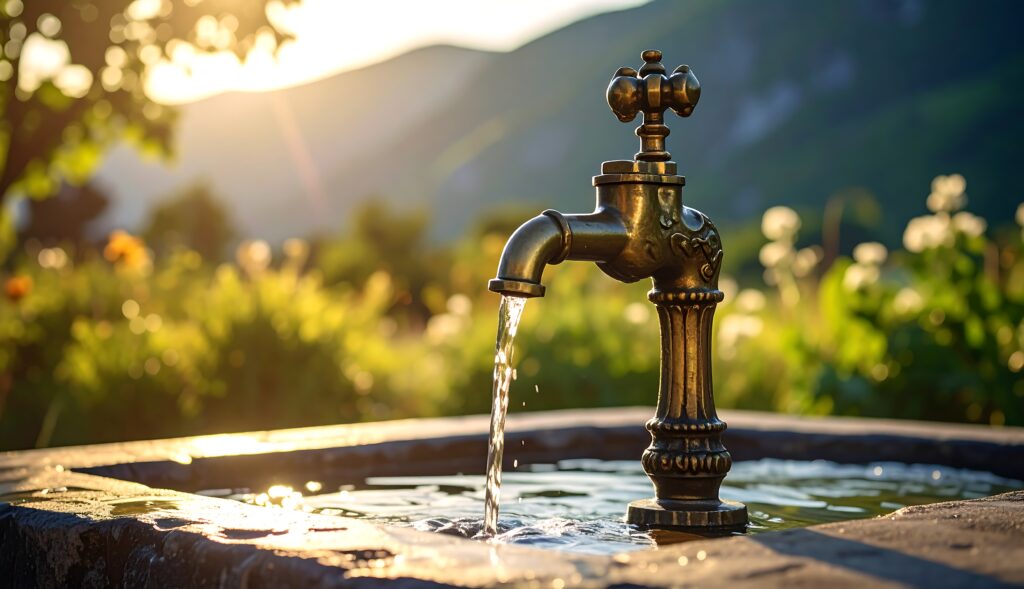 Aus einem Messingwasserhahn fließt Wasser in ein Steinbecken.