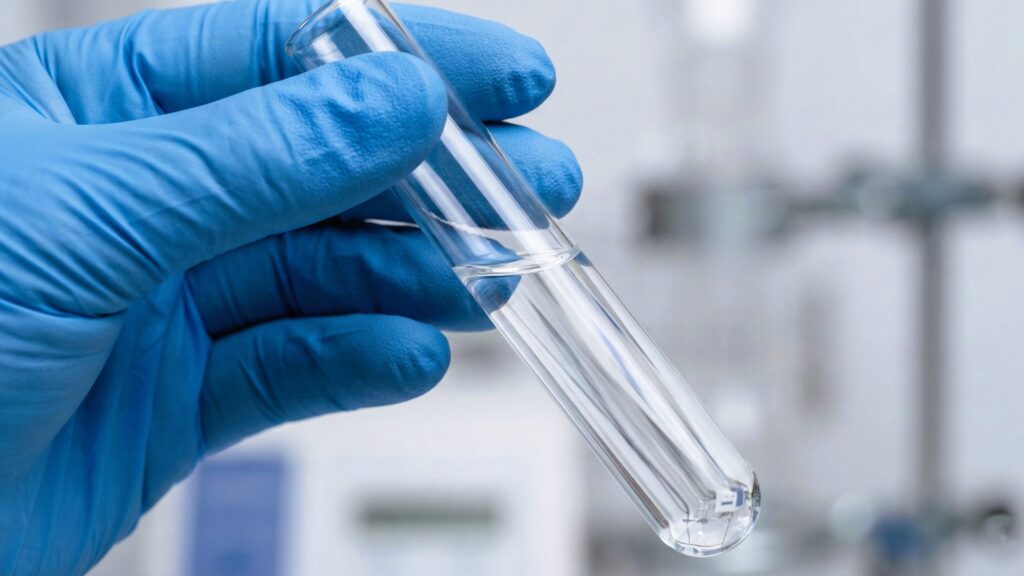 Hand eines Wissenschaftlers in einem blauen Handschuh, die ein Reagenzglas mit Flüssigkeit hält